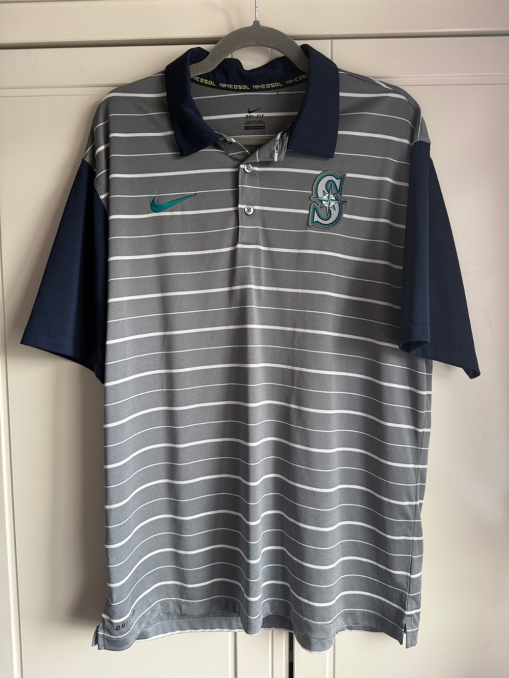Nike Gray Striped Polo with Navy Sleeves and Teal Accents
